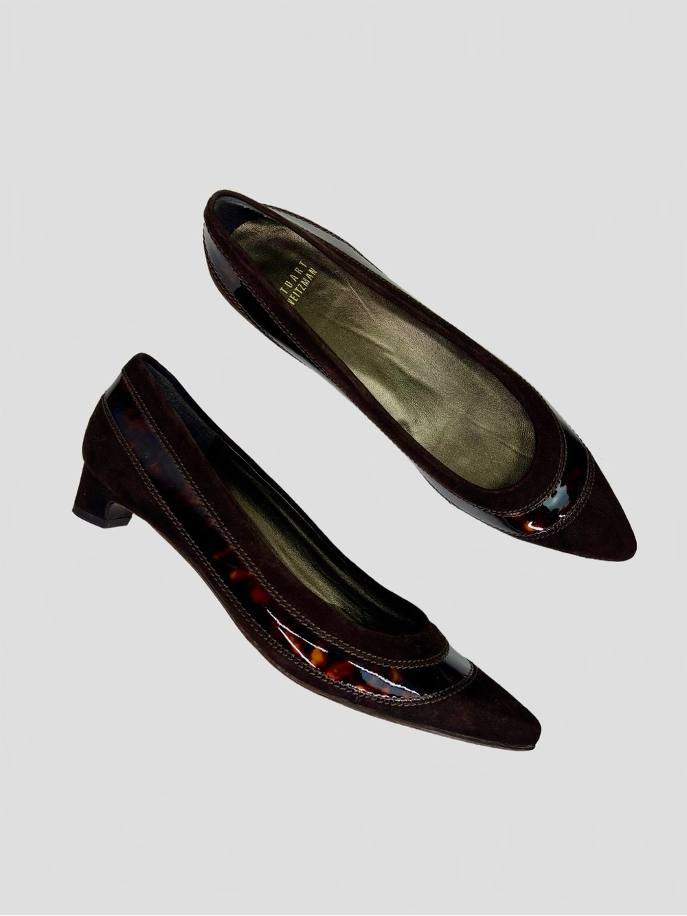 Stuart Weitzman Pointed-Toe Tortoiseshell-Trim Brown Suede Pumps
